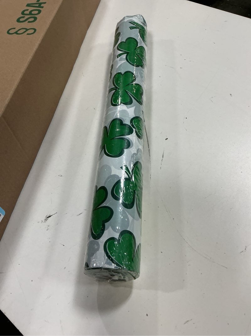 Condition photo showing New/Like New for fun express 40" x 100 ft. st. patrick’s plastic tablecloth roll, tableware supplies for st patrick's day parties at school, work, community and home events