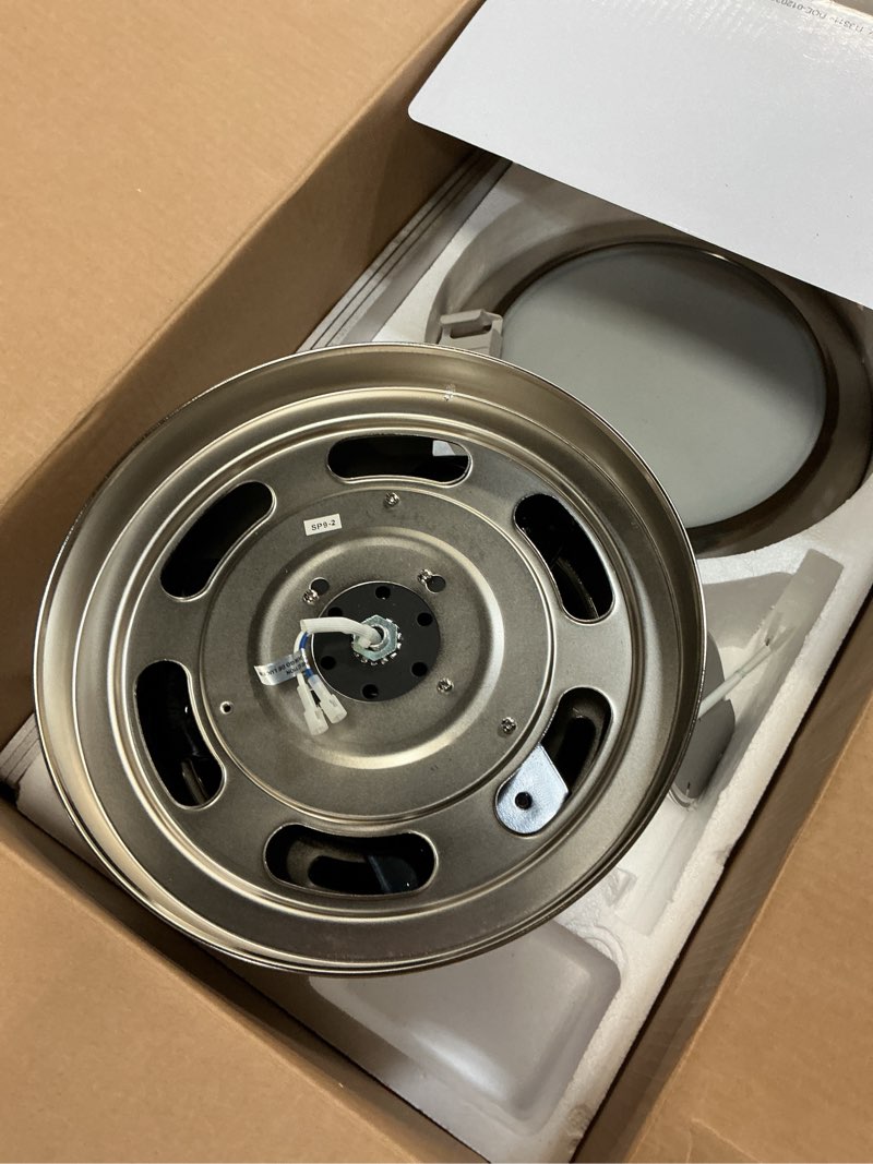 Condition photo showing As Is for harbor breeze sailstream 52-in brushed nickel with silver blades integrated led flush mount ceiling fan with light 3 -blade