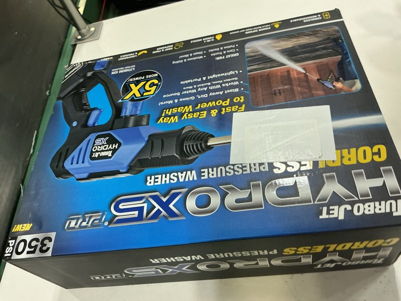 Condition photo showing New/Like New for ontel turbo jet hydrox5 pro portable cordless pressure washer (21v 3000mah battery), 6-in-1 nozzle, dual water source, 16ft detachable hose