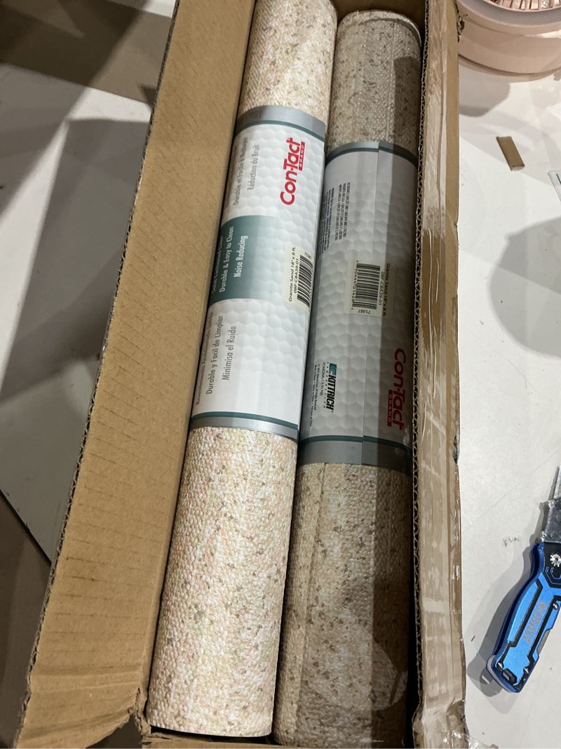 Condition photo showing Good Condition for con-tact brand grip prints shelf liner | versatile, durable non-adhesive non-slip vinyl drawer and cabinet liner in granite sand, 18" x 8', pack of 4 rolls granite sand 18" x 8' 4 rolls