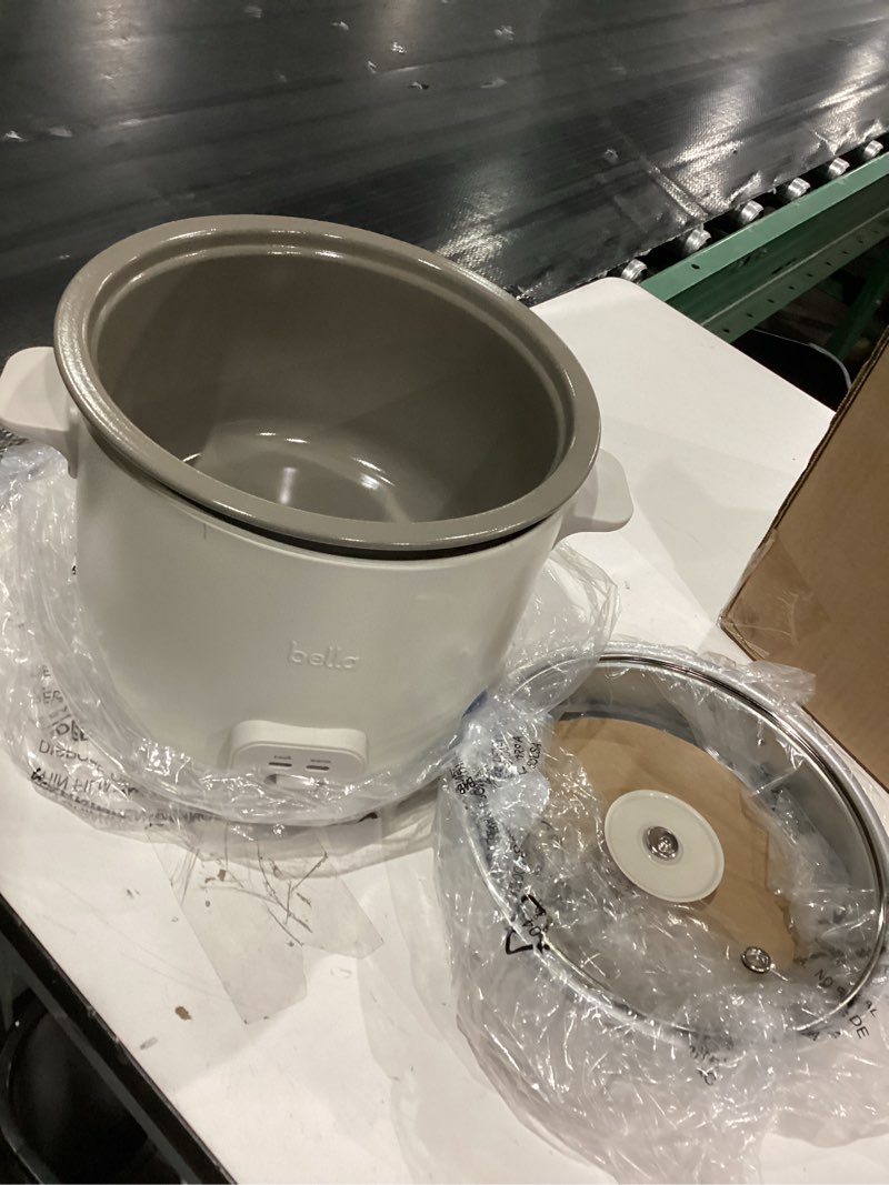 Condition photo showing As Is for bella 16 Cup Rice Cooker with Steamer, Dishwasher Safe Steaming Basket, Rice Paddle and Measuring Cup, Removable Nonstick Cooking Bowl, Automatic Keep Warm Function?, 400 Watt, Oatmilk