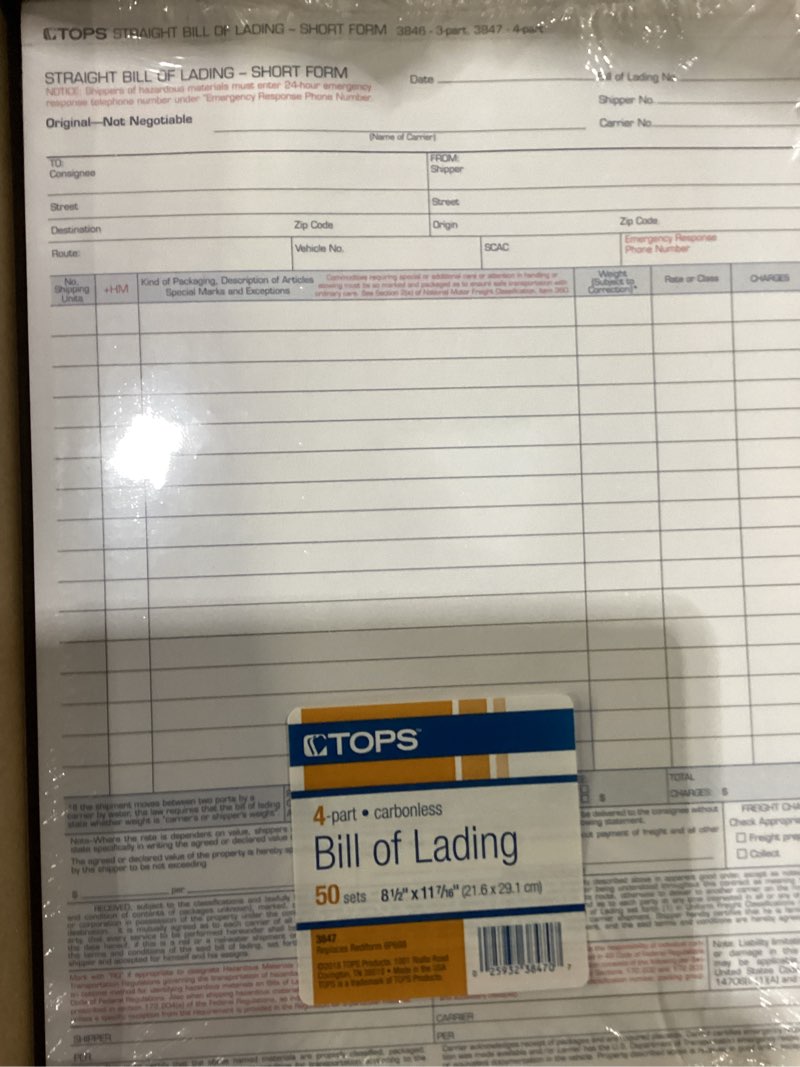 Condition photo showing New/Like New for tops bill of lading 16-line, four part carbonless sheet, 50 sets/50-pack - 3847