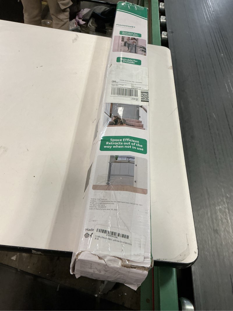 Condition photo showing As Is for No Drilling Retractable Baby Gates for Stairs with Auto-Lock, 33" x 55" Mesh Baby Dog Pet Cat Gate with Double Locking for Doorways, Durable Child Safety Gate for Hallways Kitchen Indoor Outdoor Gray Gray 33"Tall 55"Wide NO-Drill