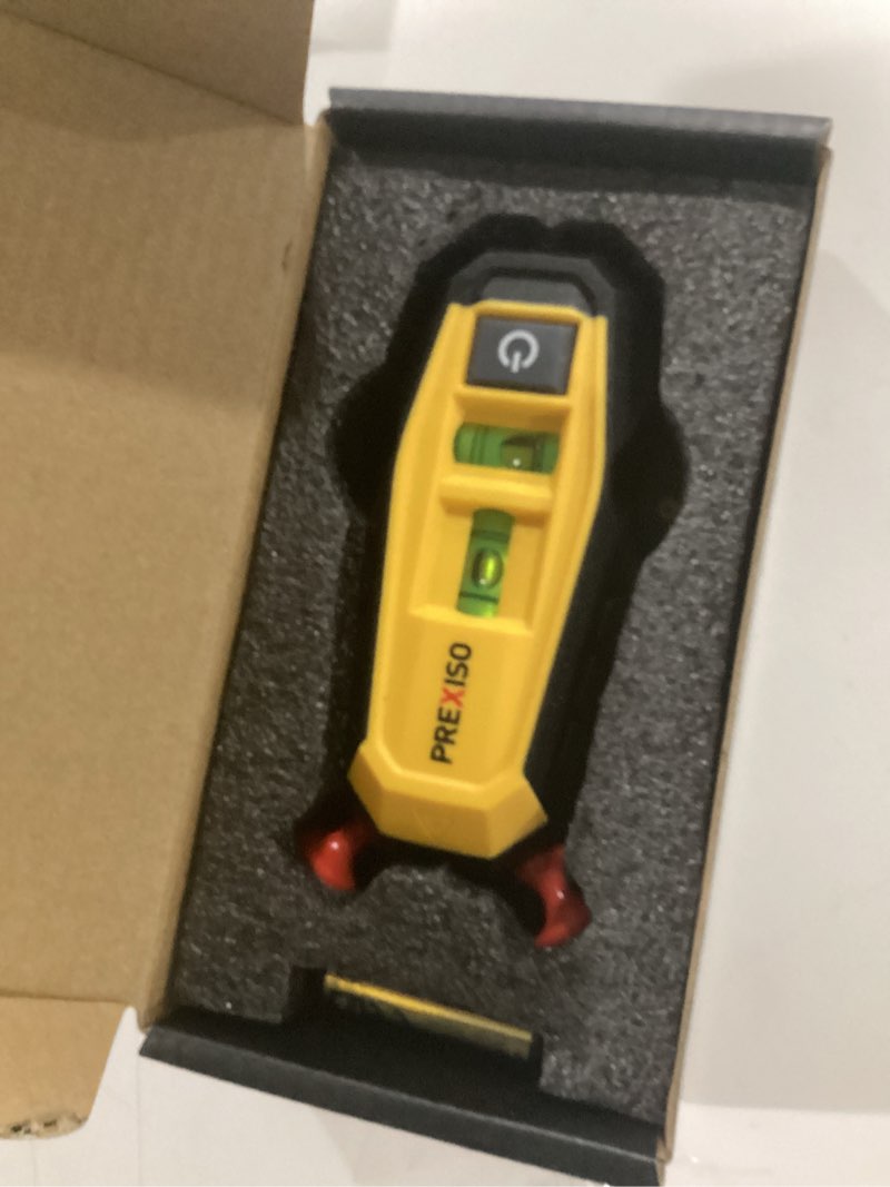 Condition photo showing As Is for prexiso 2-in-1 line laser level with magnetic stud finder, compact wood & metal detector with bubble vials for accurate markings, multi surface wall scanners tool for hanging frames & pictures