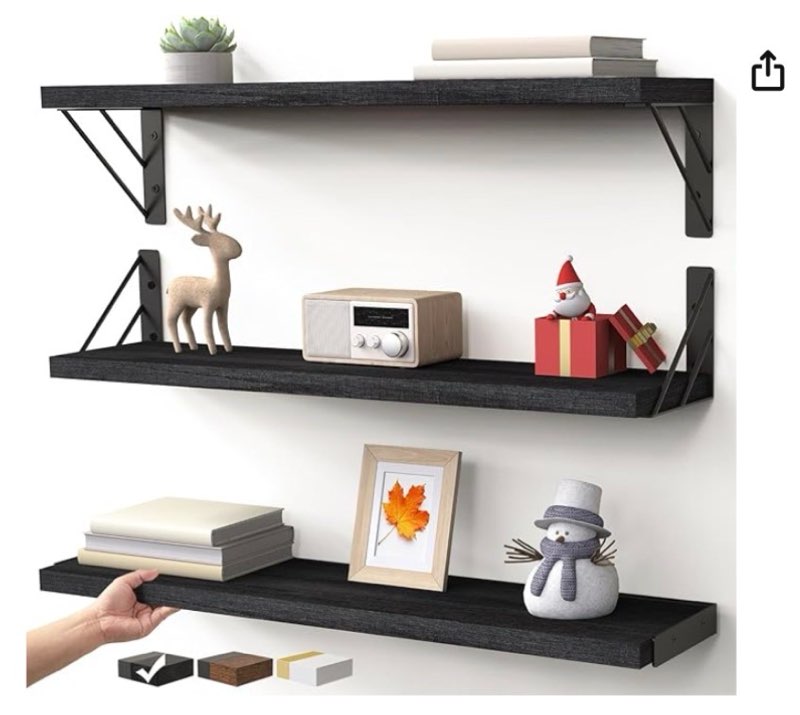 BAYKA Wall Mounted Floating Shelves, Wood Floating Wall Shelf for Books & Decor, Small Space-Saving Display & Organizer?Black?23in?Set of 3?
