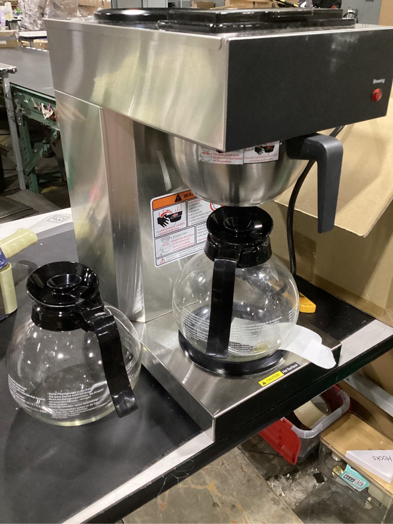 Condition photo showing Good Condition for sybo 12-cup commercial drip coffee maker, pour over coffee maker brewer with 2 glass carafes and warmers, stainless steel cafetera sf-cb-2ga 2 glass decanters stainless steel