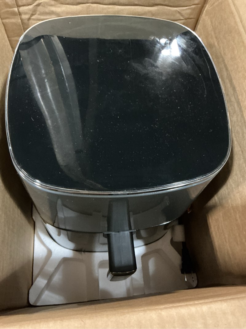 Condition photo showing As Is for simple deluxe 12-in-1 air fryer 6.34 qt, digital preset airfryer with visible window, nonstick and dishwasher-safe basket, air fry, roast, bake, dehydrate, fries, 1700w, gary gray-6.34qt-new 6.34 qt