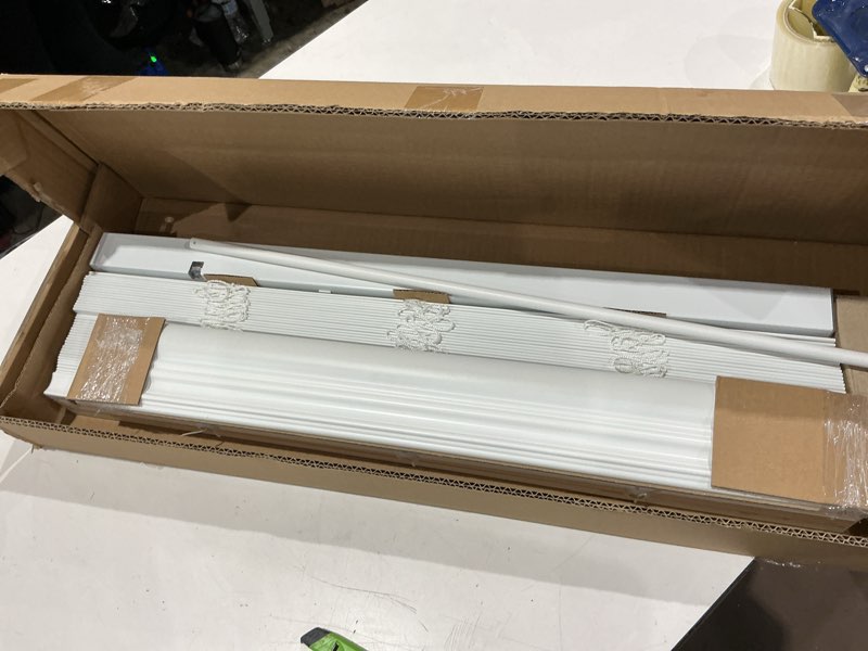 Condition photo showing Good Condition for lotus & windoware cordless, 2 inch faux wood blind, 27" wide x 72" long, window blinds, blinds & shades, blinds for indoor windows, embossed, bright white 27"w x 72"h bright white