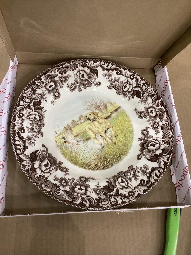Condition photo showing As Is for Spode Woodland Dinner Plate, Yellow Labrador Retriever | 10.5 Inch | Hunting Cabin, Lodge, and Cottage Décor | Made in England from Fine Earthenware | Microwave and Dishwasher Safe