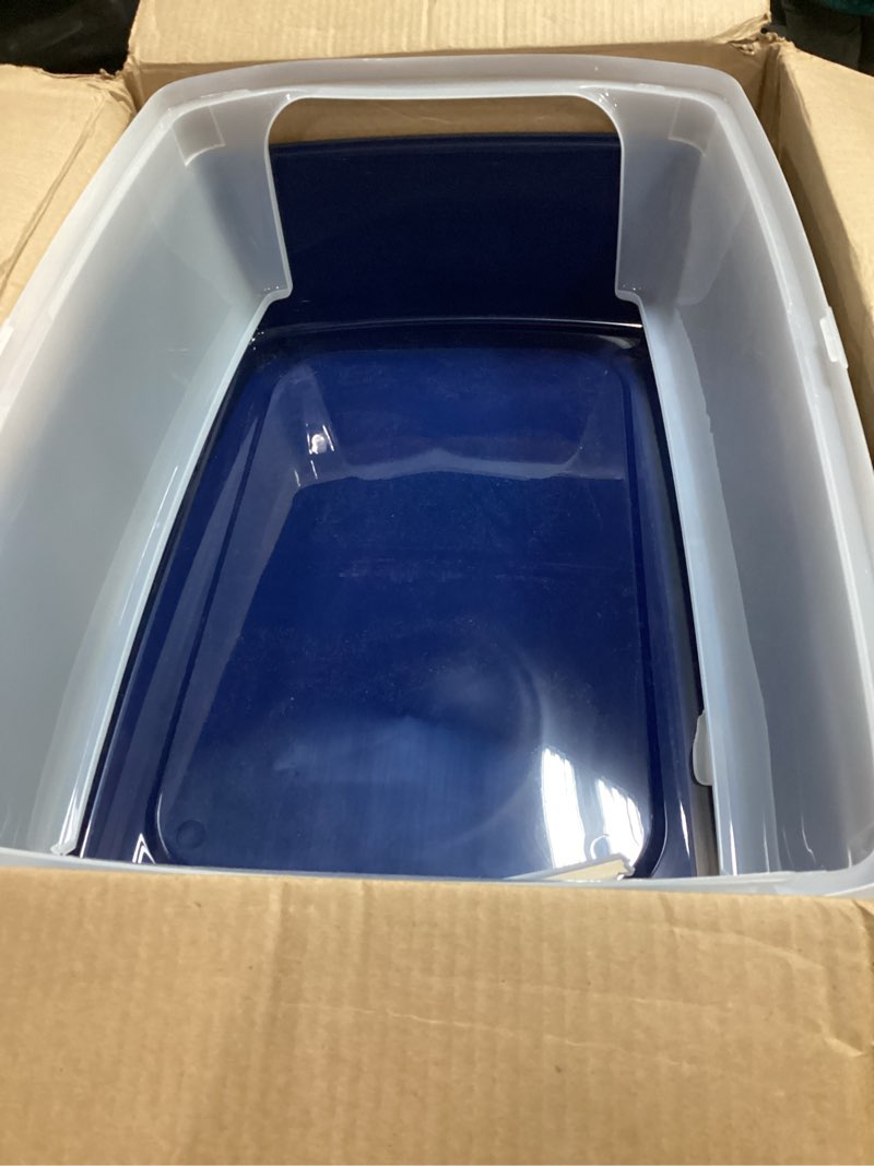 Condition photo showing As Is for iris usa cat litter box xx-large open top with high sided walls tall scatter shield scoop included easy clean plastic pan for big cats kittens multi-cat households 30"l x 20"w x 14"h navy xxl navy