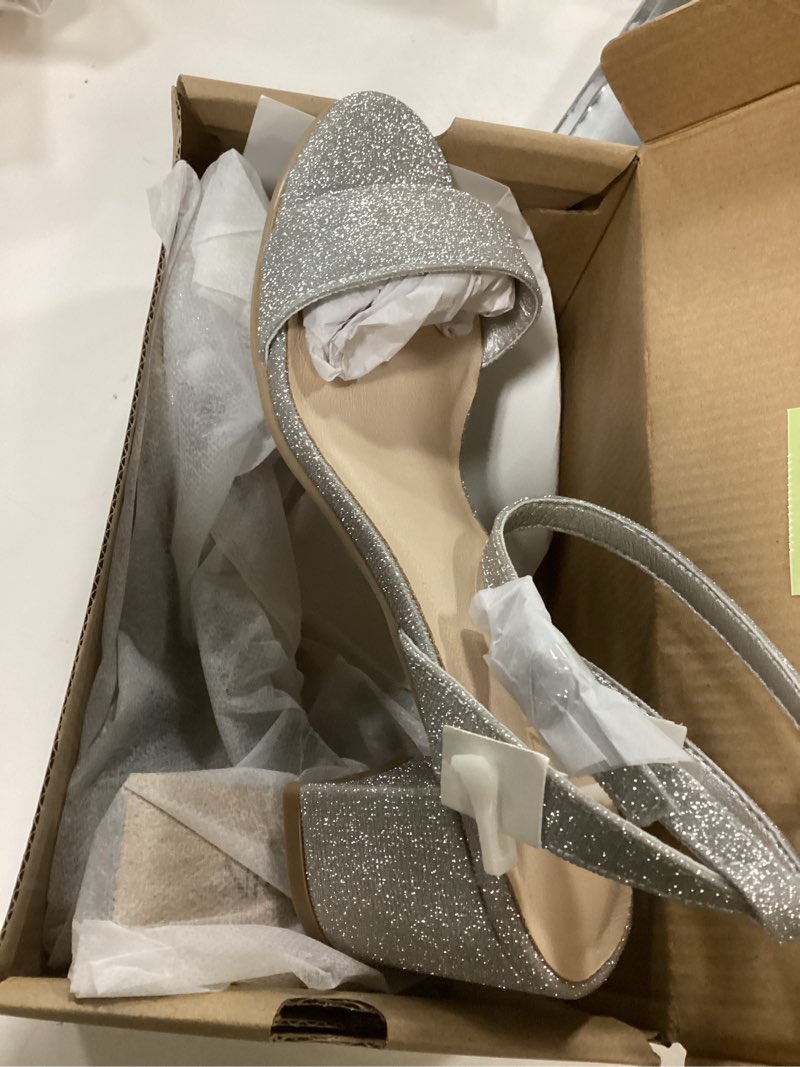 Condition photo showing New/Like New for ZURIN Women's Black Low Block Heels, Open Toe Chunky Heeled Sandals with Ankle Strap, Comfortable Dress Pumps Shoes for Wedding Guest Evening Graduation Prom 2.24 inch Silver Glitter 7.5