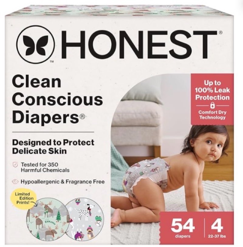 The Honest Company Clean Conscious Diapers for Delicate Skin | Up to 100% Leakproof | Hypoallergenic, Fragrance Free | Winter '25 Limited Edition Prints | Club Box, Size 4 (22-37 lbs), 54 Count