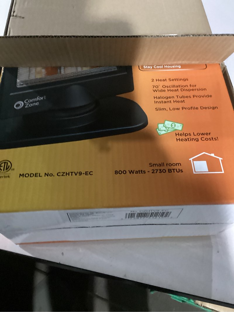 Condition photo showing Good Condition for Comfort Zone Oscillating Portable Space Heater, Flat Panel, Halogen, Infrared, Electric, Adjustable Tilt, Overheat Sensor, Stay-Cool, & Tip-Over Switch, Ideal for Home, Bedroom, & Office, 800W, CZHTV9
