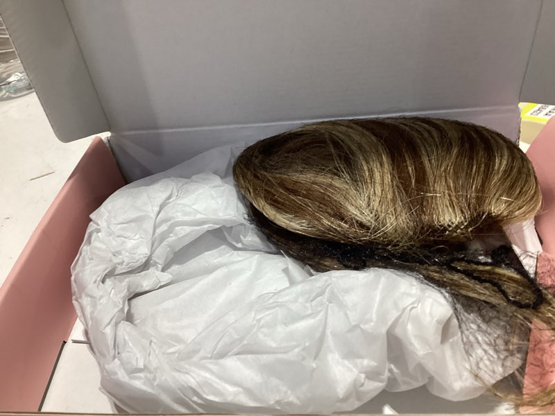 Condition photo showing As Is for reecho hair toppers for women real human hair, seamless human hair toppers with bangs, 360° 3d cover clip in bangs hair extensions for daily wear, medium brown with highlights