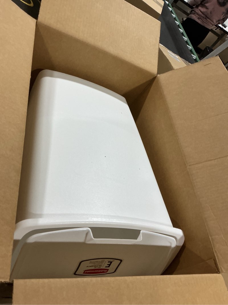 Condition photo showing As Is for Rubbermaid,White Dual-Action Swing Lid Trash Can, 11.25 Gallon, for Home/Kitchen/Bathroom/Garbage