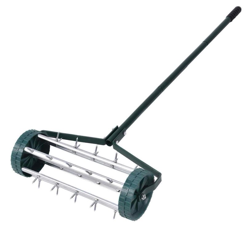goplus rolling lawn aerator, 18-inch garden yard rotary push tine heavy duty spike soil aeration, manual lawn aeration tool w/ 41-inch handle (sil