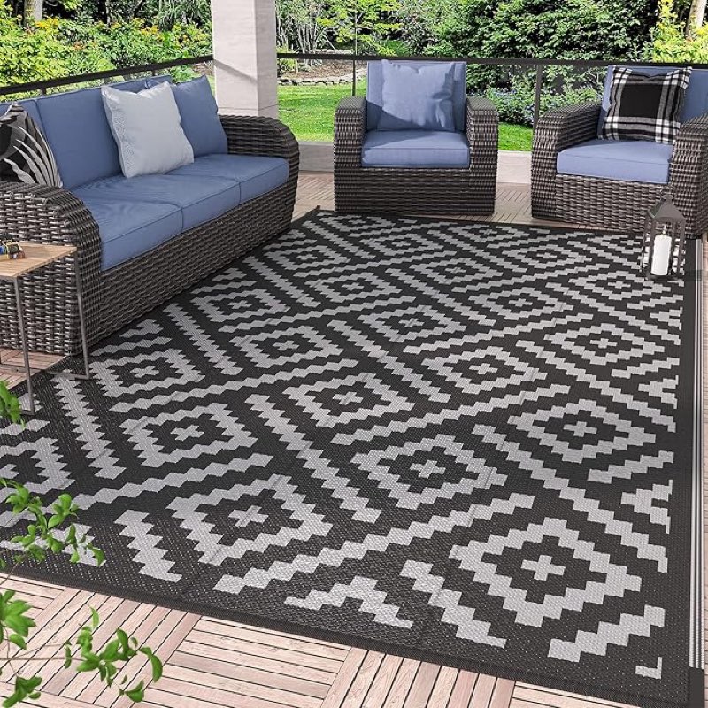 (similar) genimo outdoor rug for patio clearance,9'x12' waterproof large mat,reversible plastic camping rugs,rv,porch,deck,camper,balcony,backyard,black & gray