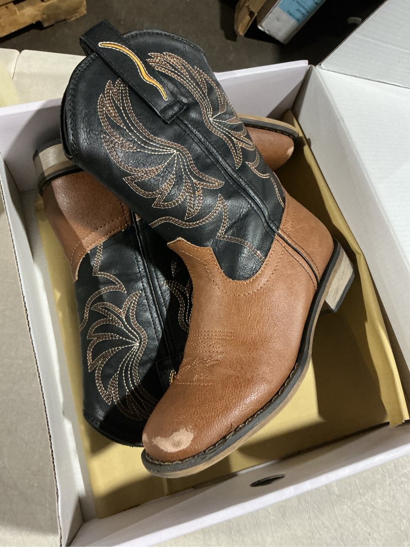 Condition photo showing As Is for kids western boots for boys girls embroidered cowgirl cowboy boots square toe mid calf riding shoes little kid/big kid (2) little kid brown