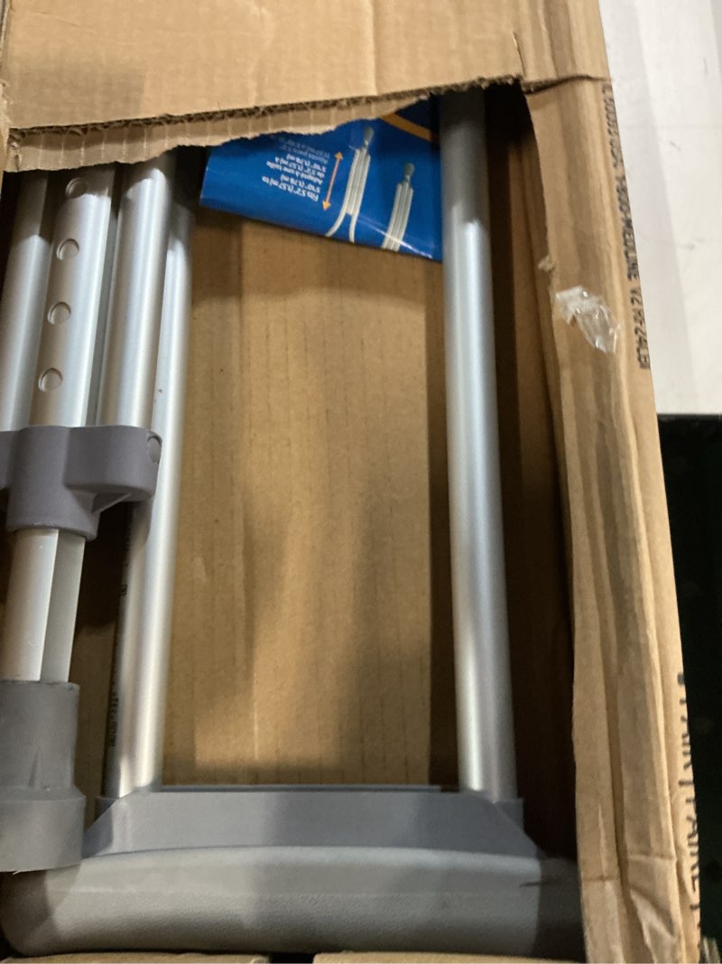 Condition photo showing As Is for medline aluminum crutches for kids, adults & seniors, walking aid, 300 lb weight capacity,1 pair, fitting 5'2" - 5'10" medium, 5'2"-5'10"