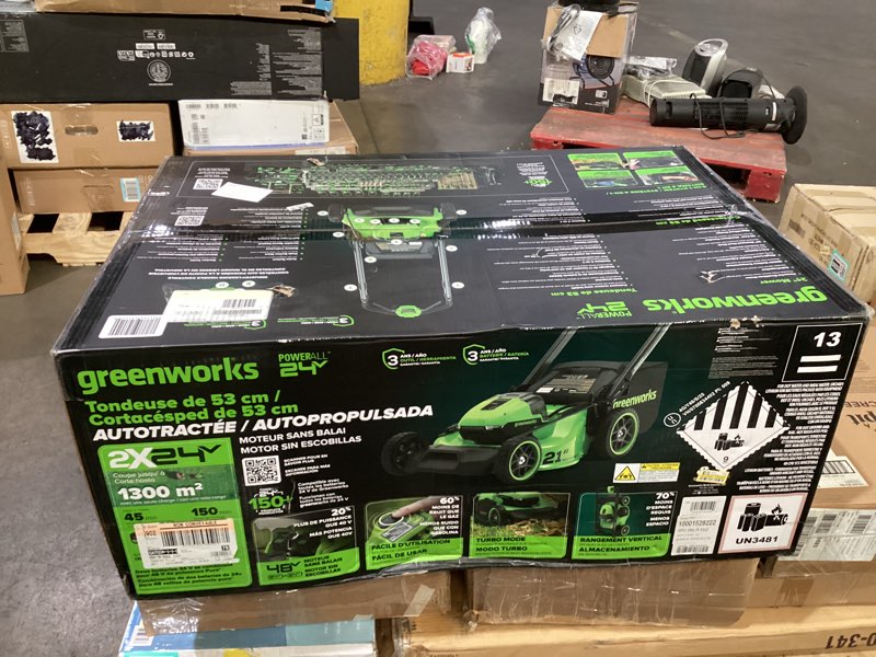 Condition photo showing As Is for greenworks powerall 2x24v 21" self-propelled mower with (2) 5.0ah batteries and charger