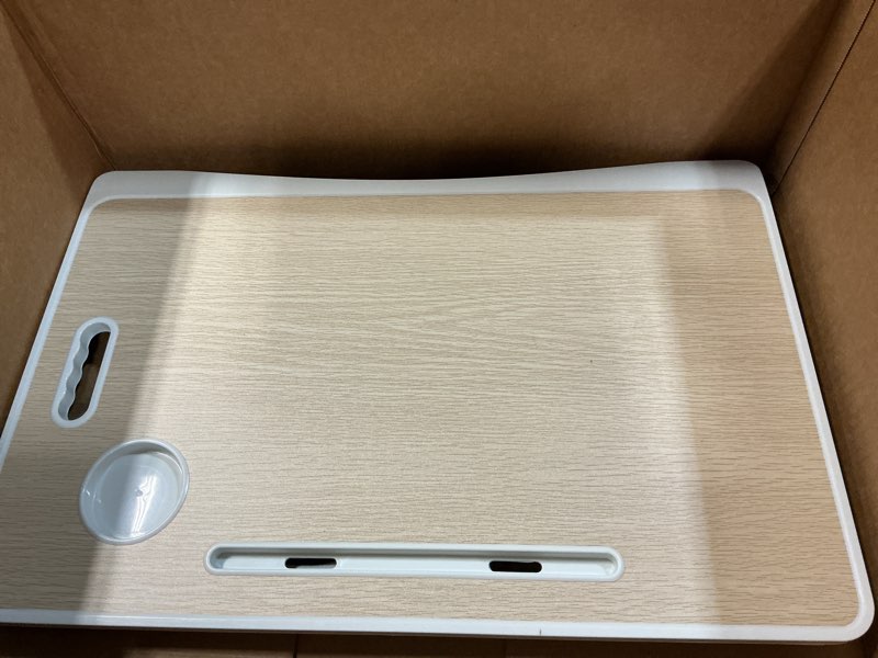 Condition photo showing Good Condition for amaredom laptop bed desk tray bed table, foldable portable lap desk notebook stand reading holder with storage drawer and cup holder for eating breakfast on bed/couch/sofa-white oak