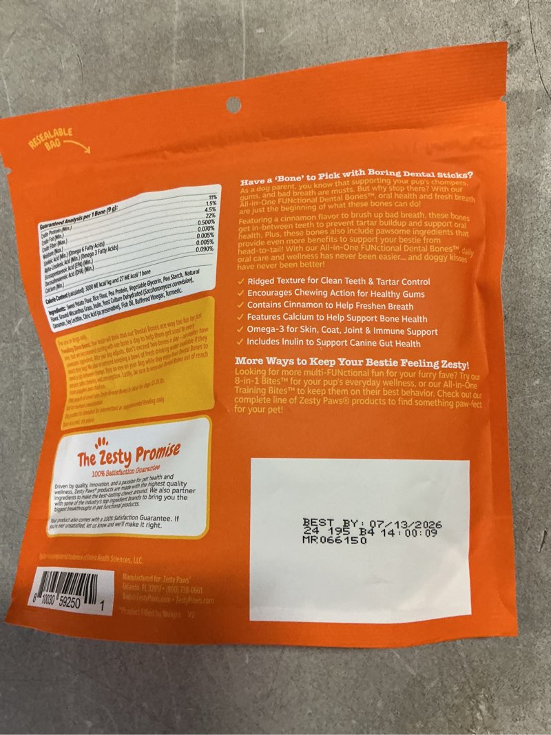 Condition photo showing New/Like New for Zesty Paws Dental Bones - Fights Tartar & Plaque - Gum, Teeth & Bone Health - Cinnamon for Dog Breath - Immune, Joint, Gut, Skin & Coat Support - Omega 3 EPA & DHA and Calcium - Small Dogs - 28 ct ( BB07/13/2026)