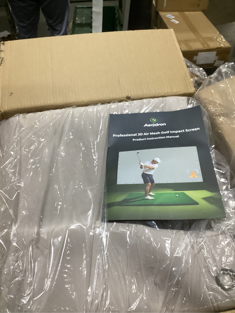 Condition photo showing As Is for gray fireproof golf simulator impact screen, 3d air mesh impact screen for golfs training indoor/outdoor, hd golf hitting screens for home practice with grommet holes & bungee cords 9.8 x 8.5 ft