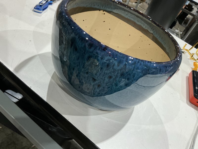 Condition photo showing Good Condition for sqowl 10 inch plant pot - ceramic planter pot with drainage hole and saucer, decorative plant pot for indoor outdoor plants, round large planter flower pot, blue 10 inch blue
