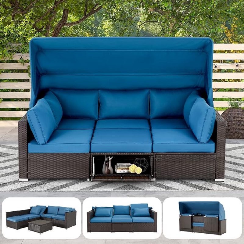 (Incomplete cushion only) HOMREST 6 Pieces Patio Furniture Sets, Rattan Daybed with Retractable Canopy, Outdoor Sectional Sofa Set with Adjustable Backrest, Chaise Chair Sunbed for Garden Poolside Backyard (Blue)