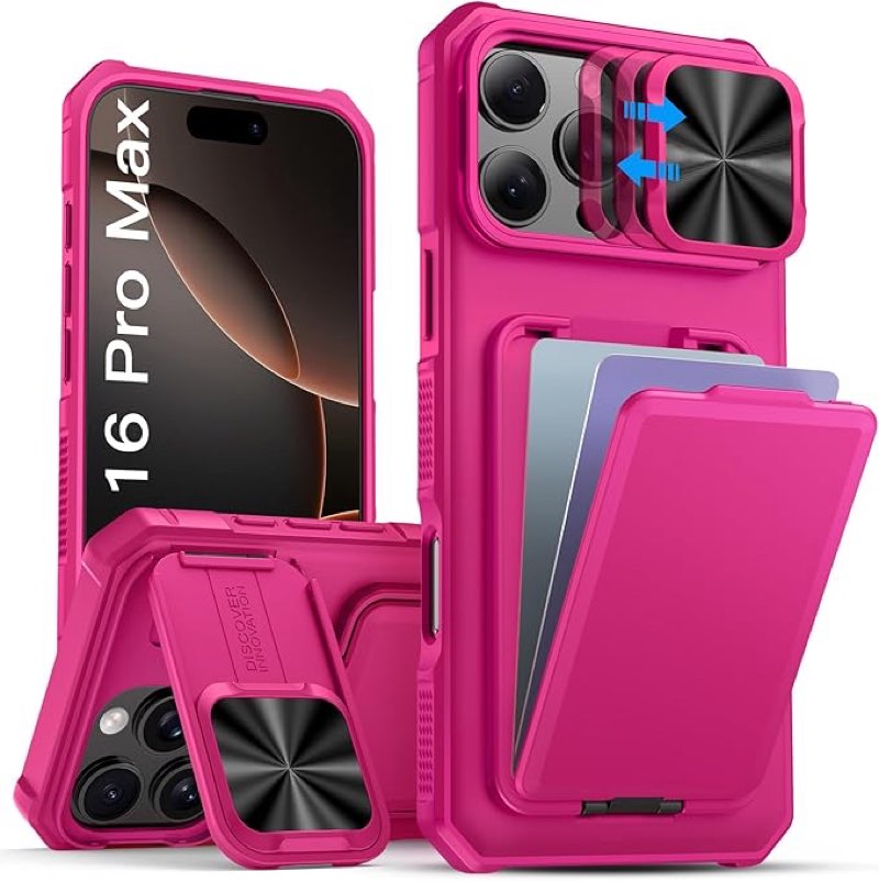 SSLOTSCASE for iPhone 16 Pro Max Case with Card Holder & Camera Stand & Kickstand & Slide Camera Len