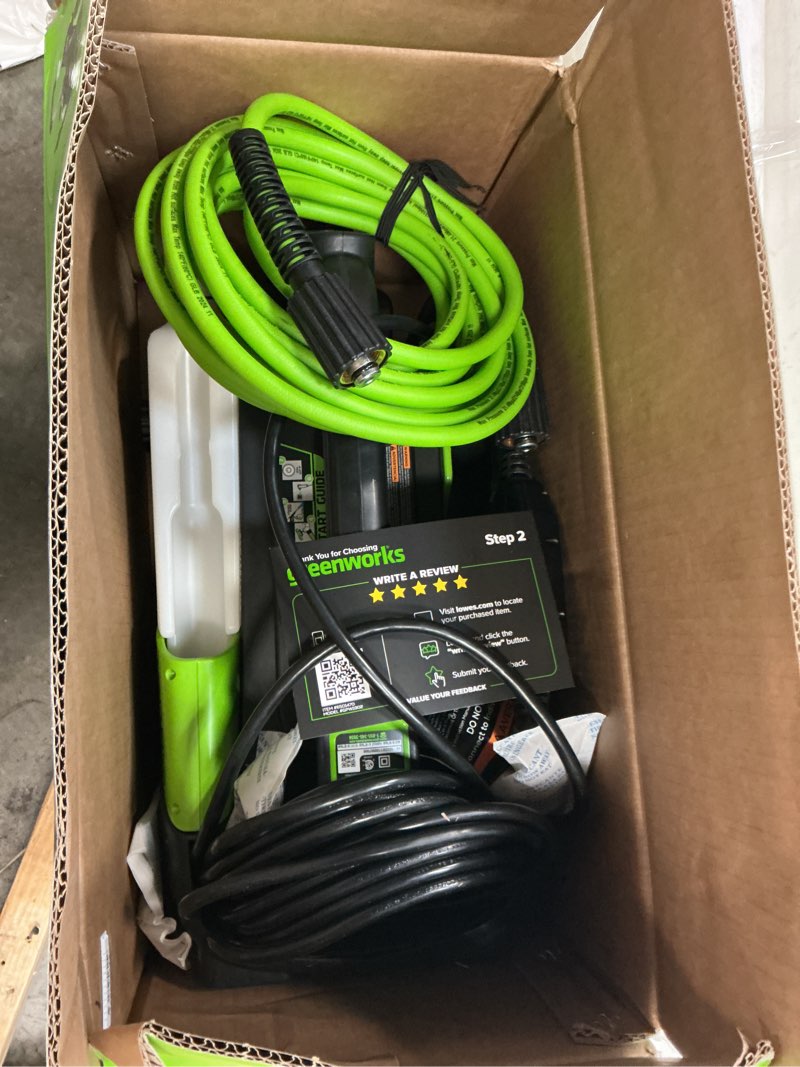 Condition photo showing As Is for greenworks 1900-psi 1.2-gpm cold water electric pressure washer with 4 spray tips