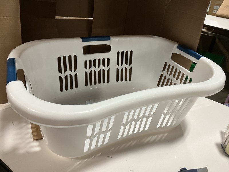 Condition photo showing Good Condition for rubbermaid large hip-hugger laundry basket/hamper, 1.5-bushel, white, stackable storage bin/organizer for bathroom/bedroom/dorm/home 1.5 bushel large hip hug basket