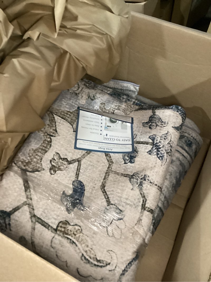 Condition photo showing Good Condition for area rugs 8'x10' washable non-slip, floral vintage distress print pattern medallion carpet for living room bedroom dining room, light blue navy beige gray white blue/white/gray/purple 8' x 10' (rectangular)