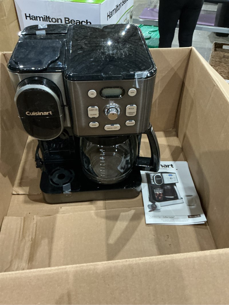 Condition photo showing As Is for cuisinart 12-cup coffee maker, single-serve brewer glass carafe, automatic hot & iced coffee machine, brew strength control and brew pause, ss-16bks, black stainless steel