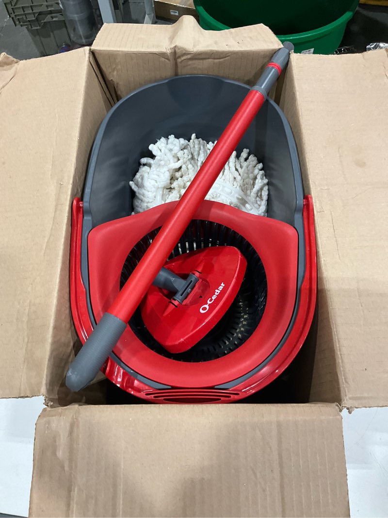 Condition photo showing As Is for o-cedar easywring microfiber spin mop & bucket floor cleaning system with 1 extra refill,red / gray easywring spin mop & bucket + 1 extra refill