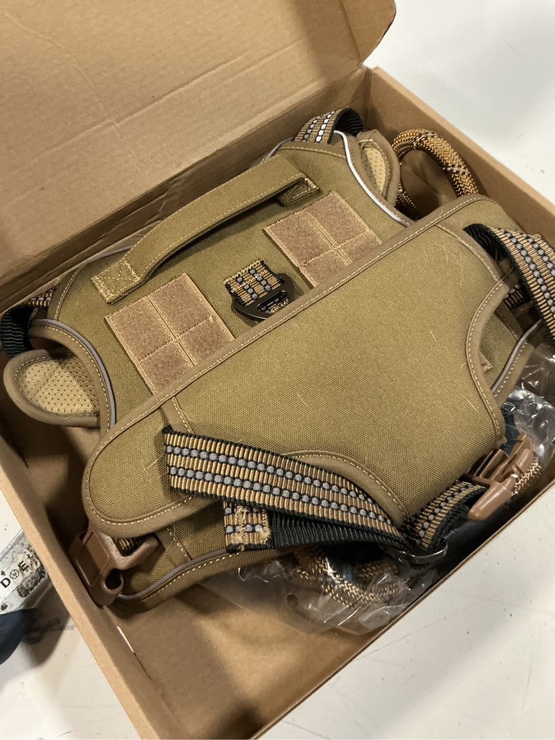 Condition photo showing As Is for heavy duty tactical dog harness for large dogs, no pull adjustable pet harness reflective service training easy control pet vest military k9 working dog harnesses- large, brown large brown