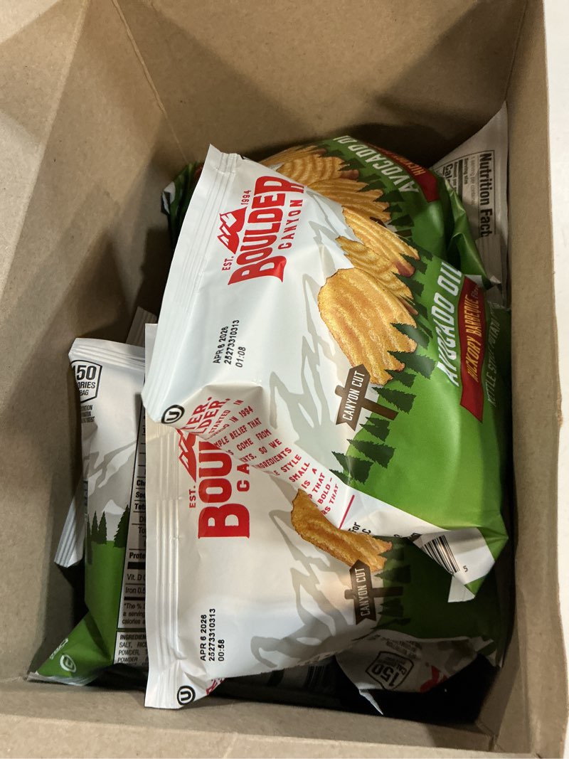 Condition photo showing Good Condition for ( apr/06/2026) boulder canyon avocado oil kettle style potato chips variety pack, 18 count - gluten-free, non-gmo, hickory barbecue, classic sea salt, sea salt & cracked pepper (1 oz bags)