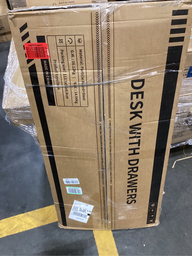 Condition photo showing As Is for AODK 51 Inch Computer Desk with Fabric Drawers & USB Power Outlets - Reversible Home Office Desk with Storage Shelves, Work from Home, Modern Work/Writing/Study Table for Bedroom, Grey Oak