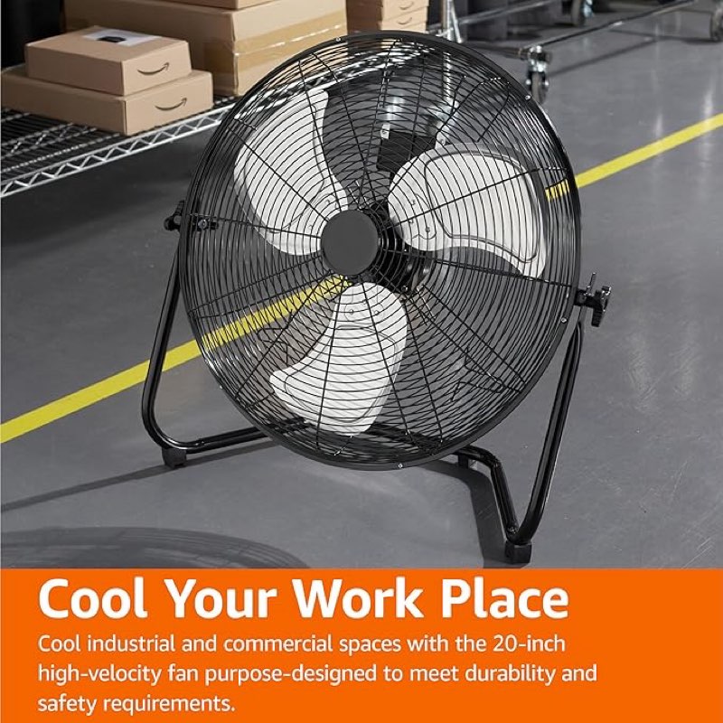 amazon basics  high velocity industrial cooling floor fan with 3 speeds, tilt head, etl-listed safety compliance, metal housing and blades, for commercial space/garage/gym, 125w, blac