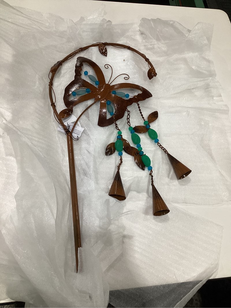 sunset vista designs outdoor garden décor - rustic metal boho wind chime stake with copper bells, 42" tall, turquoise butterfly
