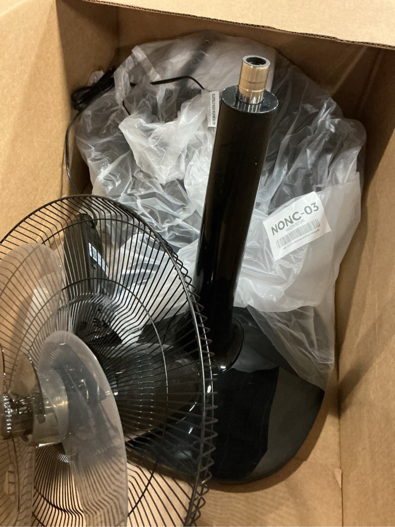 Condition photo showing As Is for amazon basics 16" pedestal fan with remote for bedroom, living room, office, adjustable height, dual-layered blades, 3 speeds, 3 modes, timer, tilt head, 60w, black 3-speed, ac motor