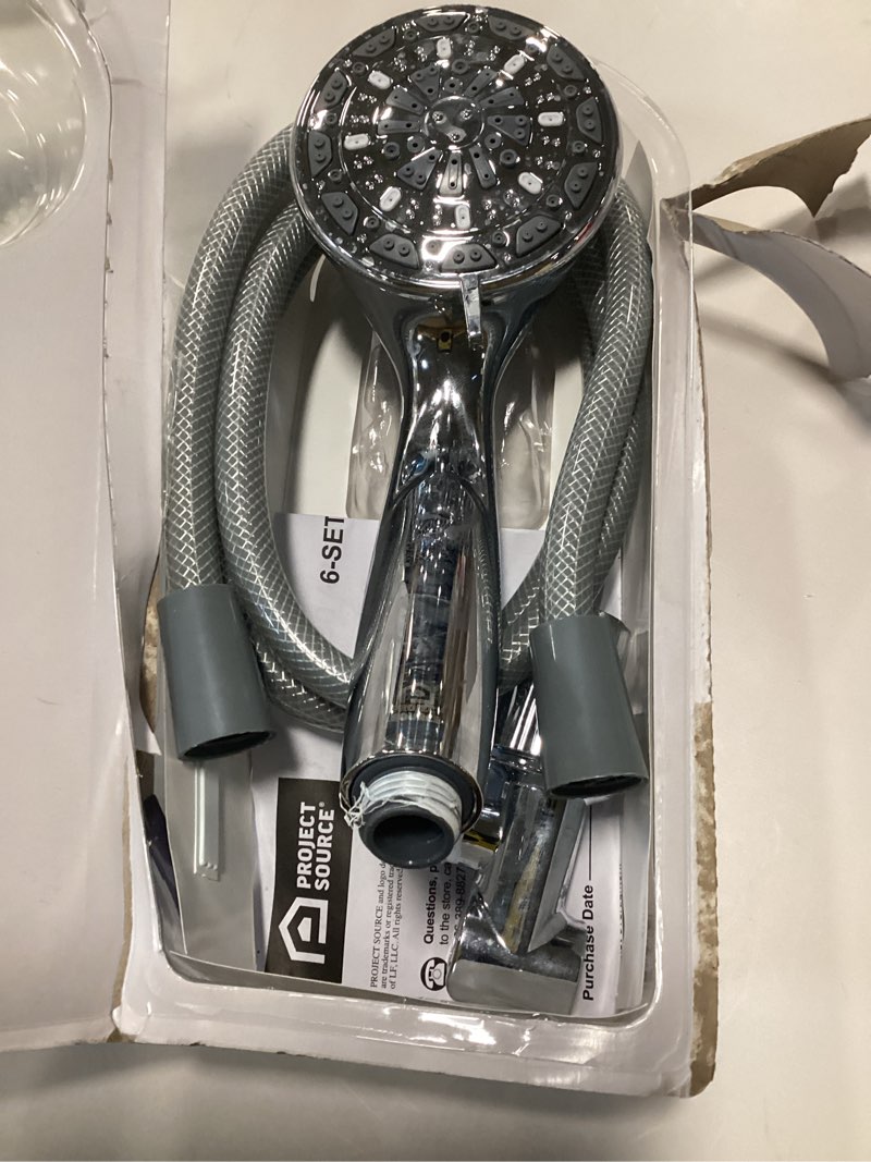 Condition photo showing As Is for 6-Setting Shower Head with Handheld, JDO High Pressure Hand held Shower Head, 4.7 Inch Chrome Detachable Showerhead Set with 59 Inch Stainless Steel Hose and Adjustable Showerhead Holder 6 Modes Chrome