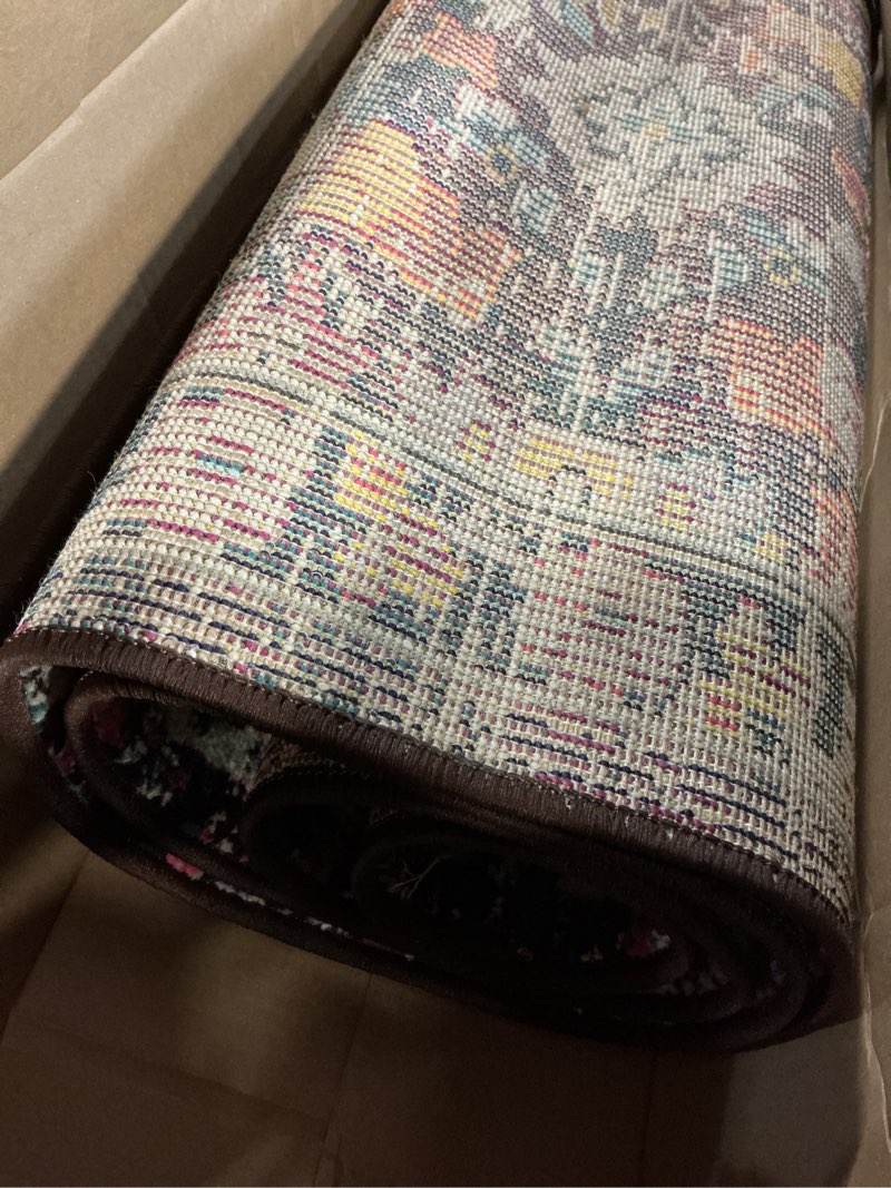 Condition photo showing As Is for jonathan y modern boho floral multi/purple indoor area rug, 3x5, bohemian, vintage, easy-cleaning for living room, bedroom, kitchen, pet friendly, non-shedding (mdp200a-3) multi/purple 3' x 5' (rectangular)