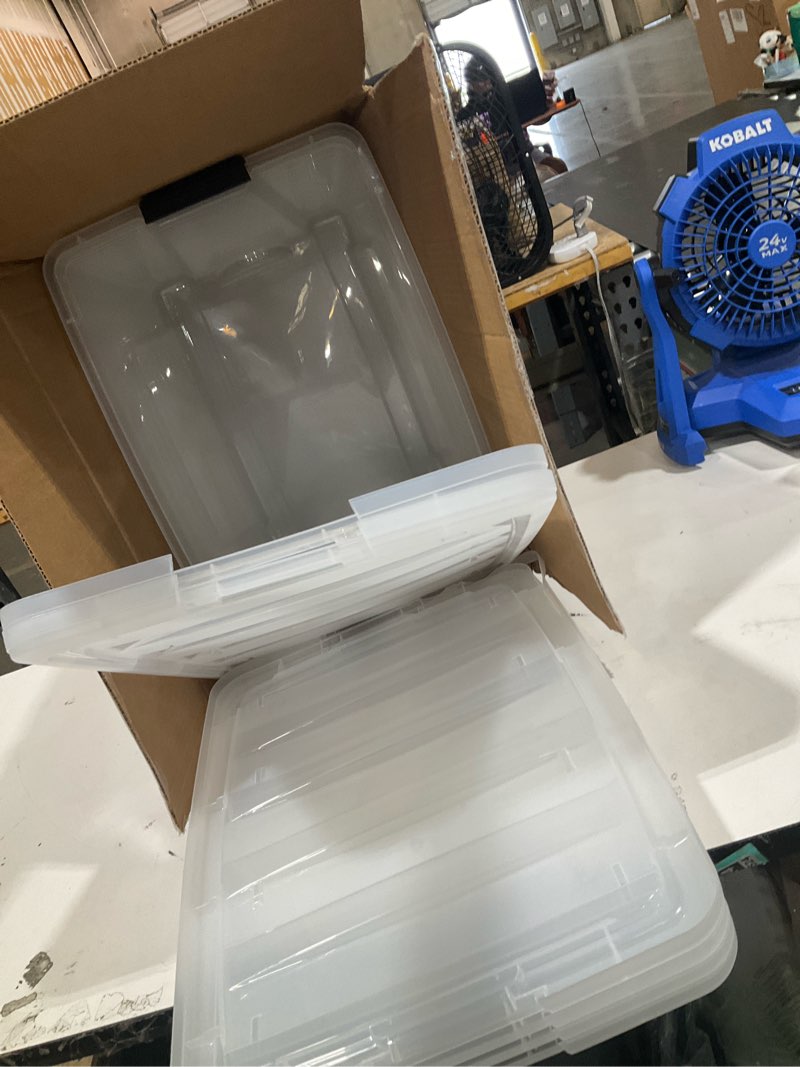 Condition photo showing As Is for 6 pack 20 l clear storage latch box, plastic storage bins with lids | clear plastic body, secure side latches, built-in top handle, stackable,