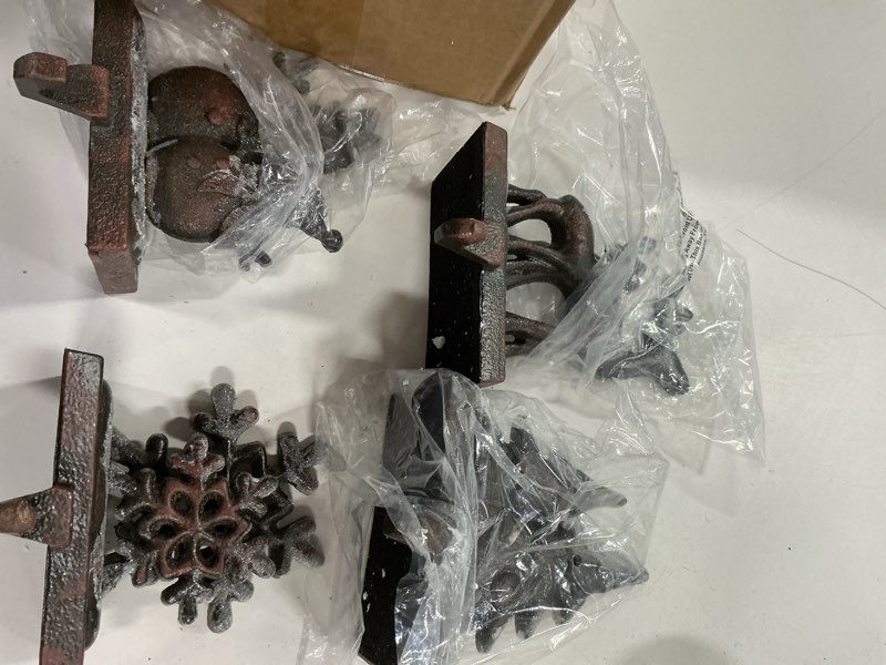 Condition photo showing Good Condition for 4Pcs Christmas Stocking Holders Double Mantle Anti-Slip Reindeer Christmas Tree Snowman Snowflake Deer Holders for Fireplace Xmas Decor (4, Bronze)