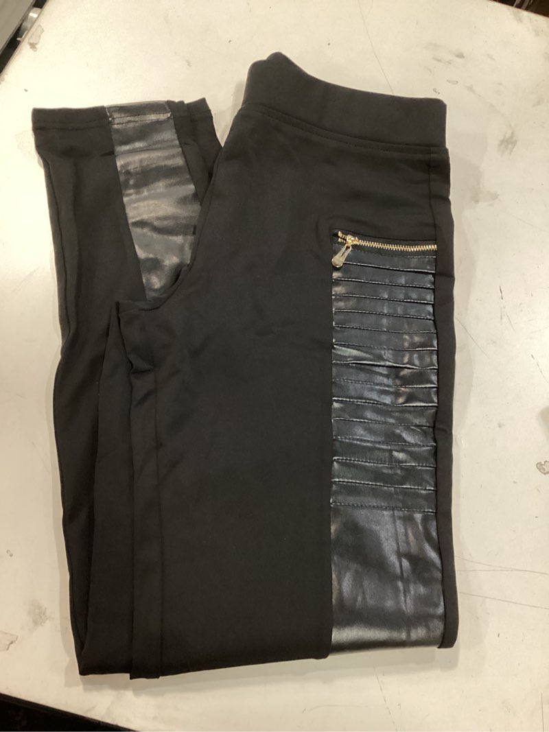 Condition photo showing New/Like New for (Large) DAOAO Faux Leather Leggings for Women Elastic Mid Waisted Stretchy Patch Zip Punk Pleather Pant Blac