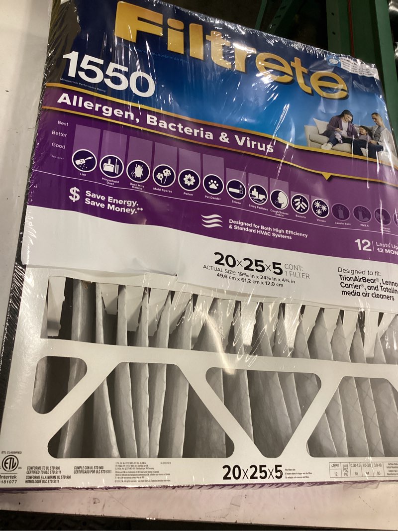 Condition photo showing Good Condition for filtrete 20x25x5 ac furnace air filter, mpr 1550, merv 12, fits trion airbear, certified asthma & allergy friendly, electrostatic air cleaning filter, 1-pack (actual size 19.56 x 24.13 x 4.75) 4.7" x 24.2" x 19.6"