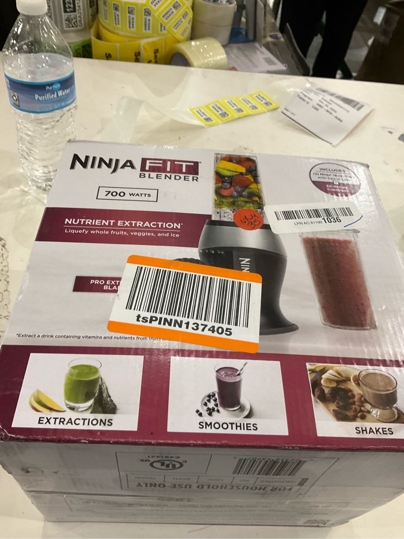 Condition photo showing New/Like New for Ninja Fit Compact Personal Blender, Portable Blender for-Smoothies, Shakes, Food Prep, and Frozen Blending, 700-Watt Base, (2) 16-oz. Cups and Spout Lids, Black QB3001SS Push to blend