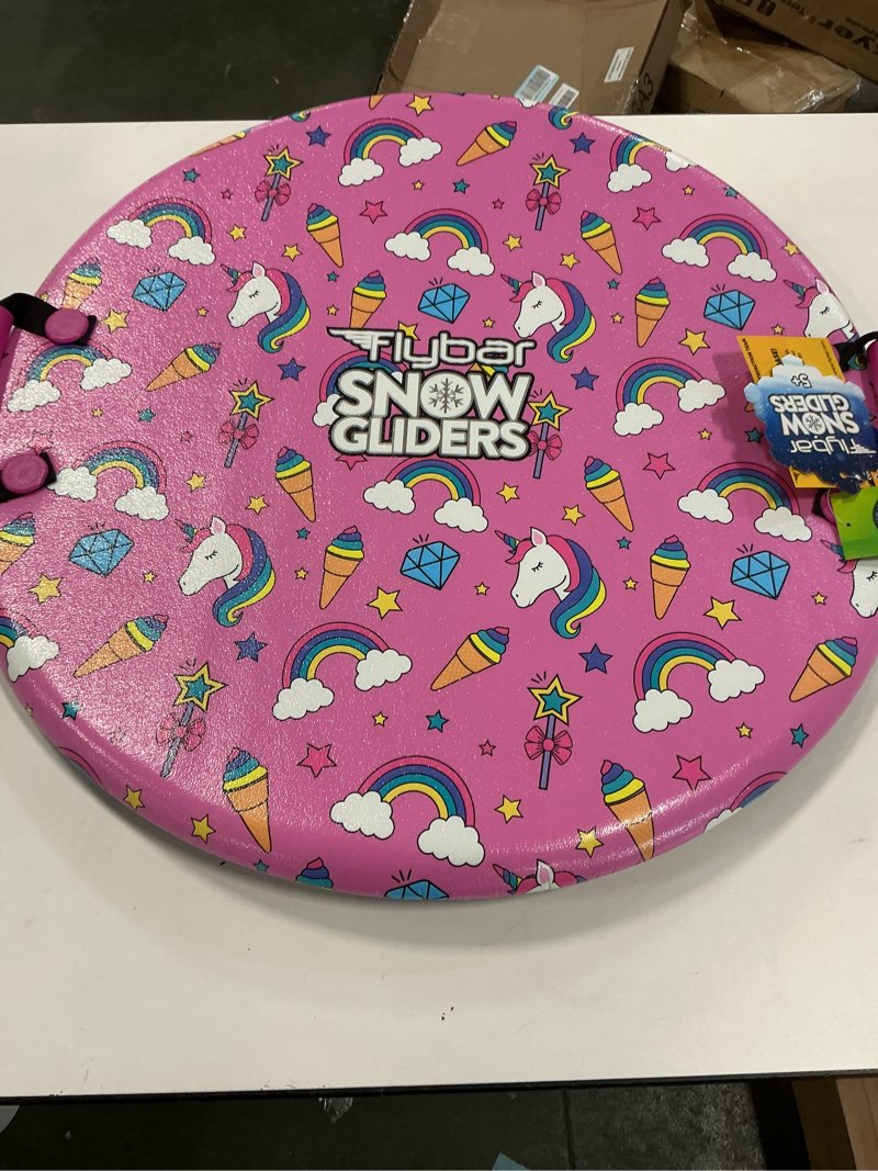 Condition photo showing As Is for Flybar Snow Sled for Kids and Toddlers- Foam Saucer Disc, Ages 6+, Easy Grip Handles, Durable with Slick Bottom & PE Core Build, Lightweight Snow Boards, Snowboard Toys for Outdoor, Up to 110 lbs, 26" Pink Unicorn