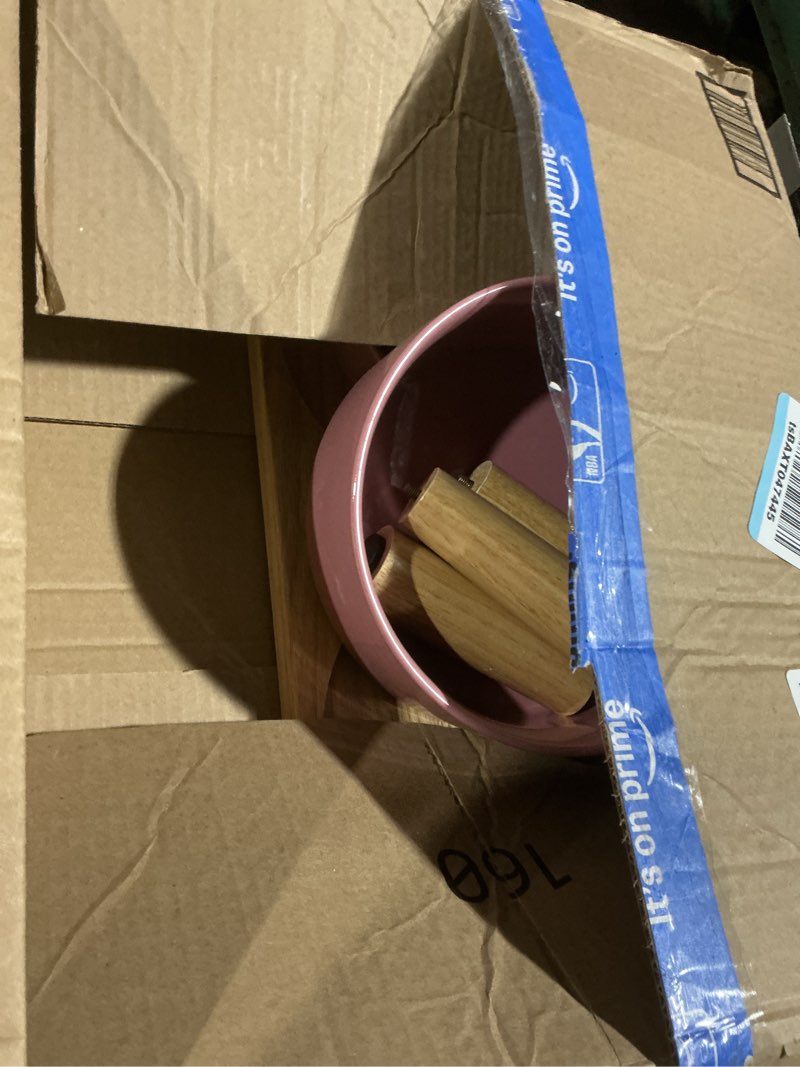 Condition photo showing As Is for Ceramic Slow Feeder and Water Bowl Set for Medium and Large Dogs, 8.0 Inches Ceramic Dog Bowls Elevated with Wooden Stand, 2.0 Cups Dog Slow Feeder(30oz) and 70oz Water Bowl Set, Pink Pink 8" D